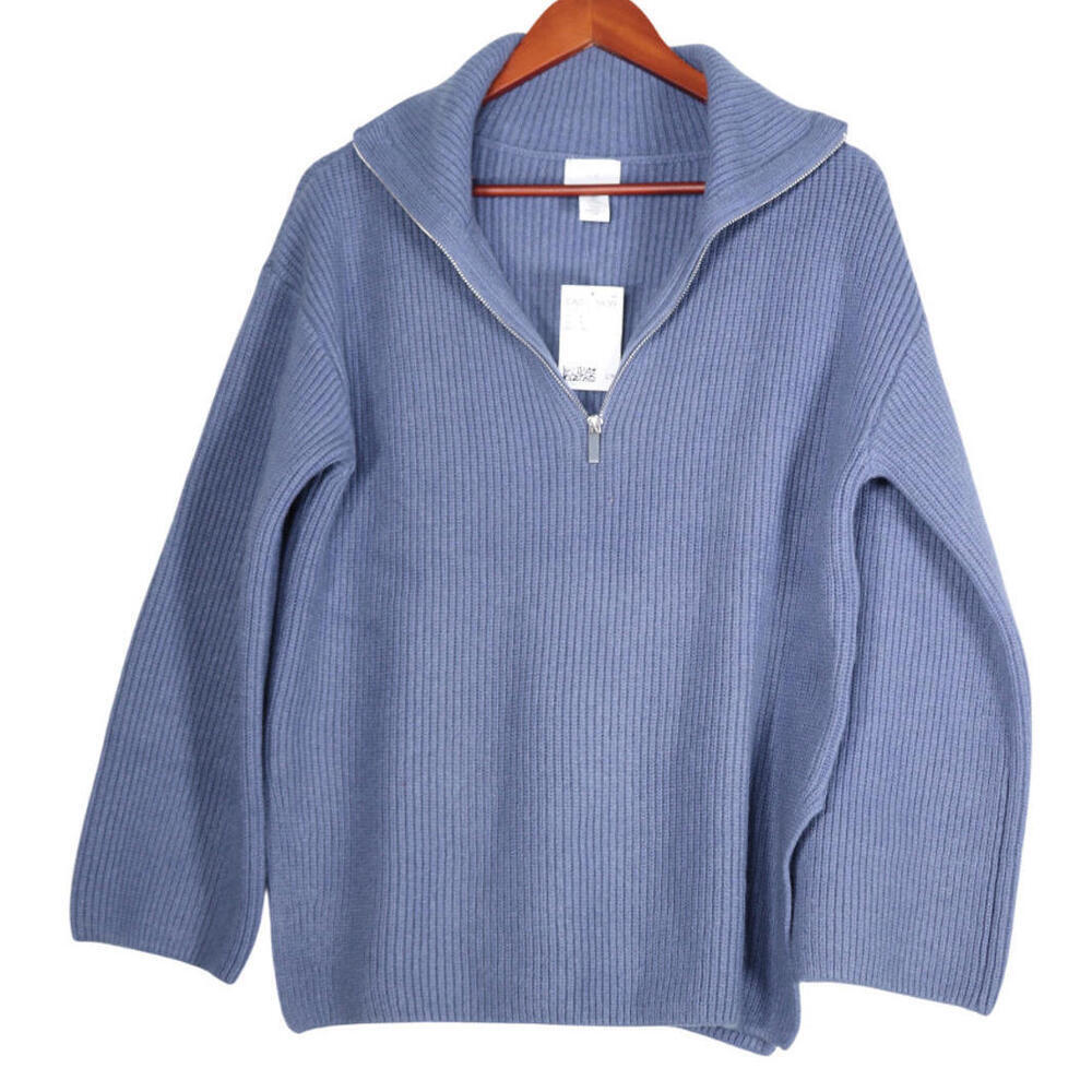 H&M Women Small Pigeon Blue Half Zip Rib Knit Sweater Wool Blend Relaxed Fit NWT - Picture 12 of 15